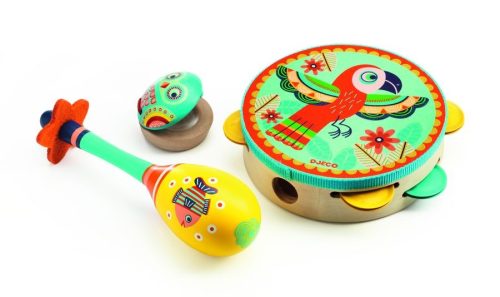 Állatos színes hangszerkészlet - Dob, csörgő, kasztanyetta - Set of 3 instruments: Tambourine, maracas, castanet - Djeco